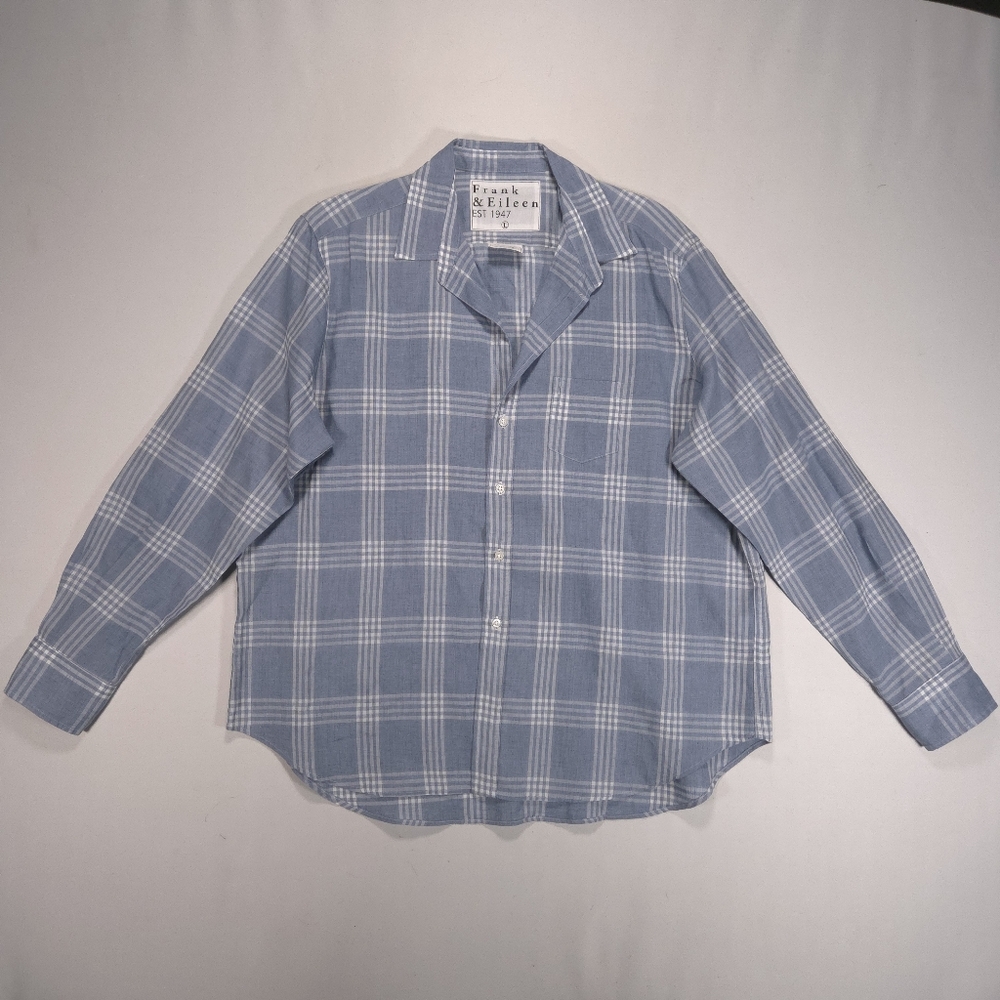 Frank & Eileen Barry Linen Shirt In Slate Blue Plaid Relaxed Fit EUC!